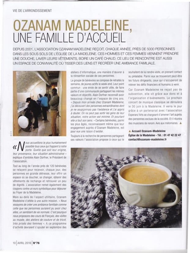 Article de presse sur l'association, paru dans le journal local du 8ème arrondissement